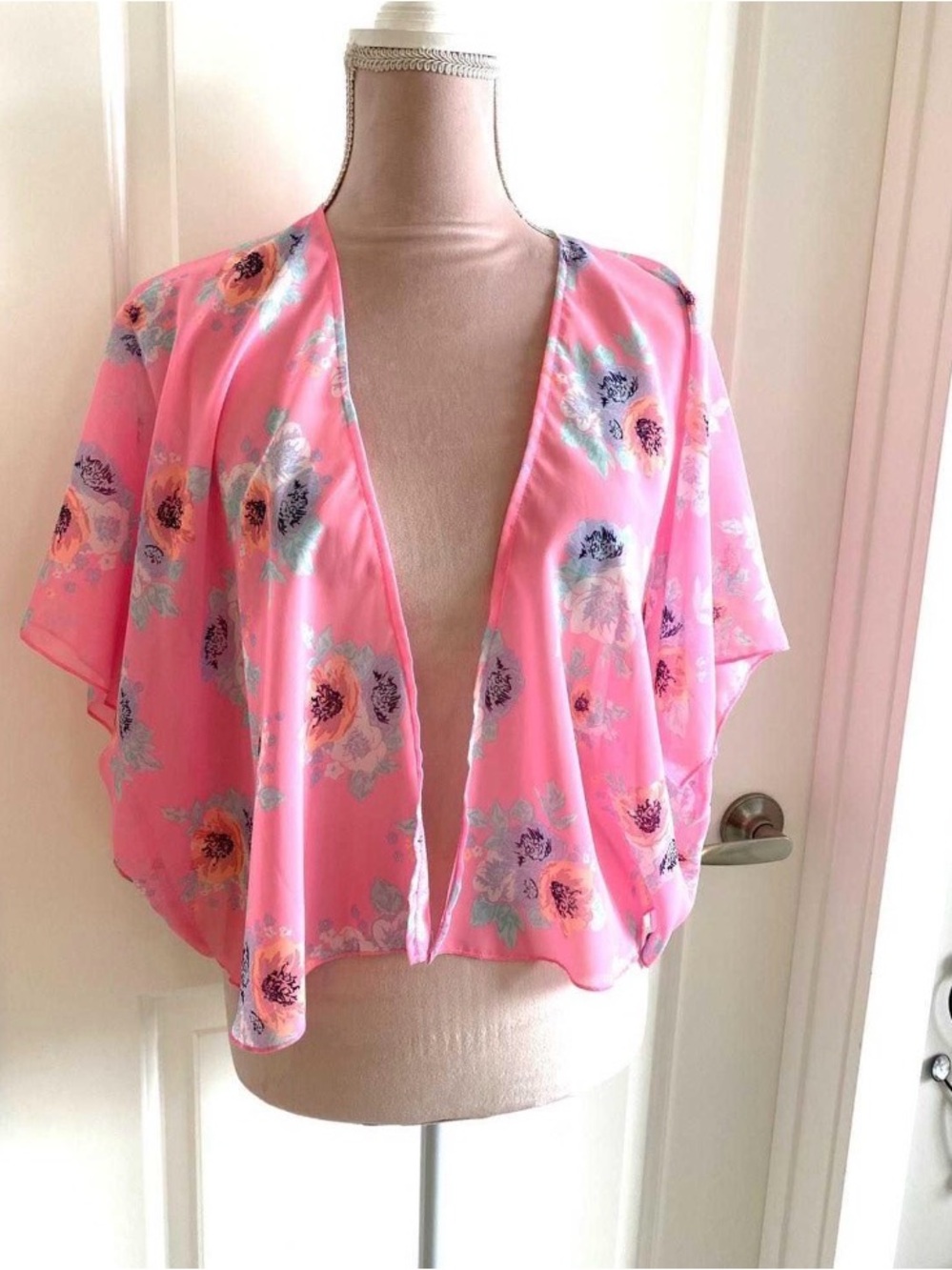 Pink Floral Open Front Kimono